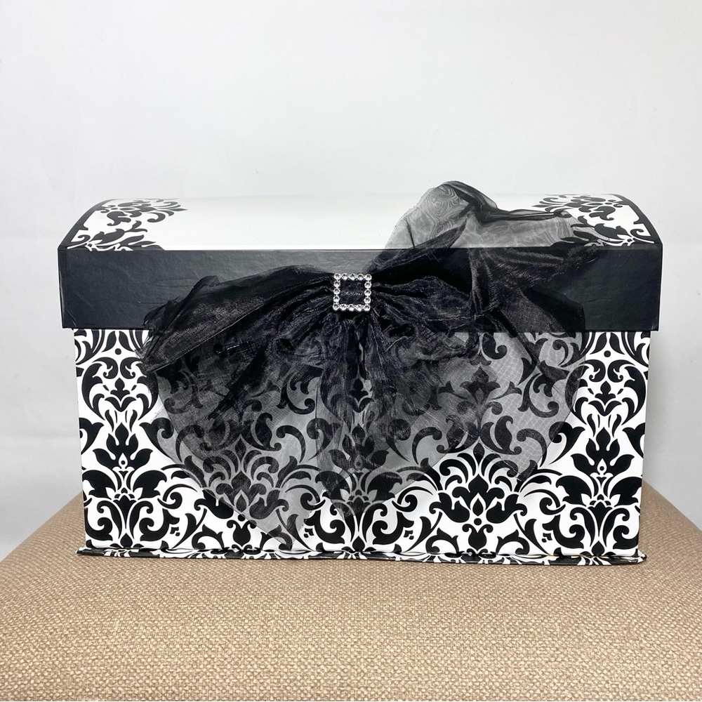 His and Hers Damask Wedding Card bling bow box black and white